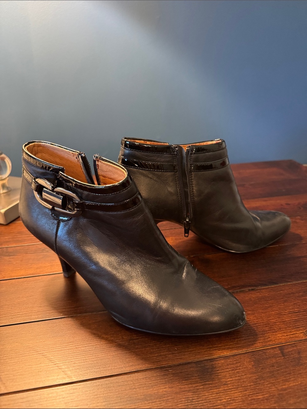 Sofft Black Leather Ankle Booties with Buckle Accent